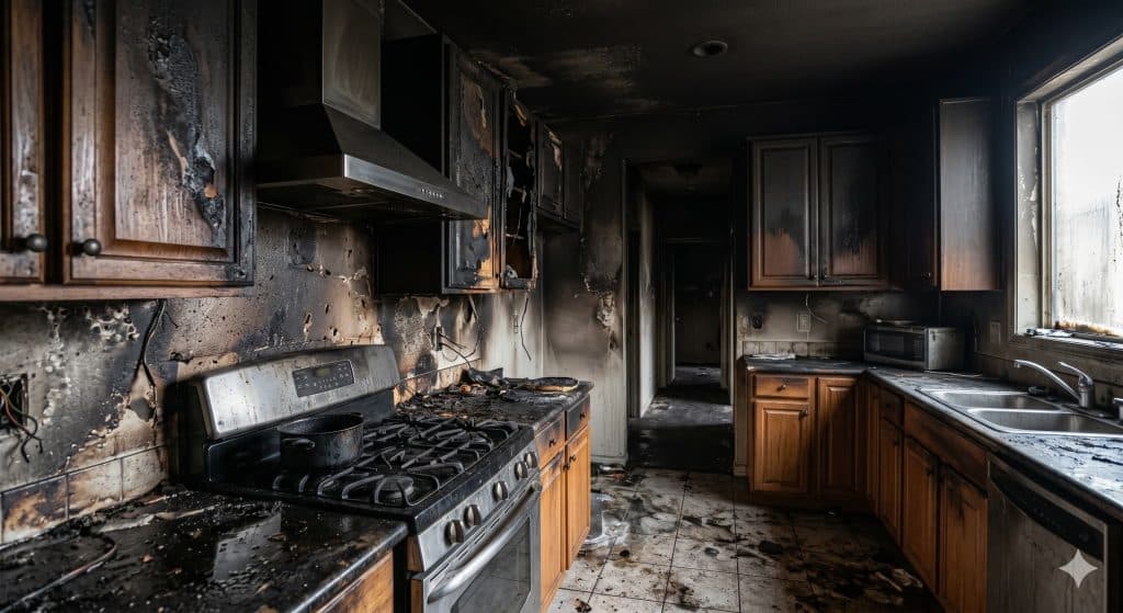 smoke and fire damaged kitchen